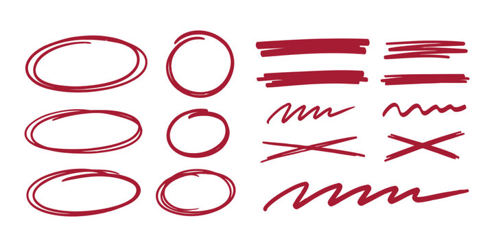 Hand drawn red marker elements set including circles, ovals, underlines, cross marks, and scribbles for text highlighting