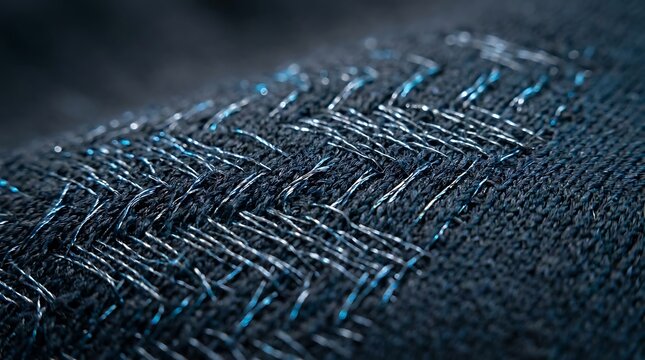 Macro Close-up of Futuristic Smart Fabric Woven with Conductive Silver Threads