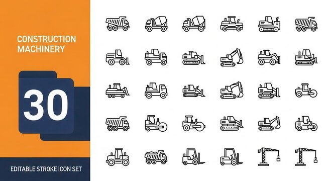 30 Construction Machinery Line Icons Set Including Excavators, Dump Trucks, Cranes, and Bulldozers with Editable Strokes