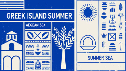 Greek Island Summer Aegean Sea Vector Illustration With Architectural Elements And Botanical Motifs architecture archipelago blue white © Apurba