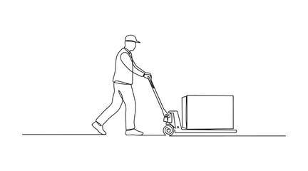 Continuous line drawing of a warehouse worker pushing a pallet truck with heavy crate © Stockxy