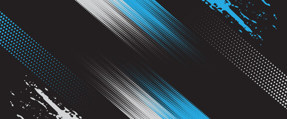 Abstract dark sports background with blue and white halftone dots and diagonal grunge brush strokes vector. © Hery
