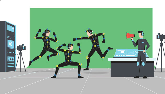 Professional filmmakers and actors wearing motion capture suits in a green screen studio for animation creation.