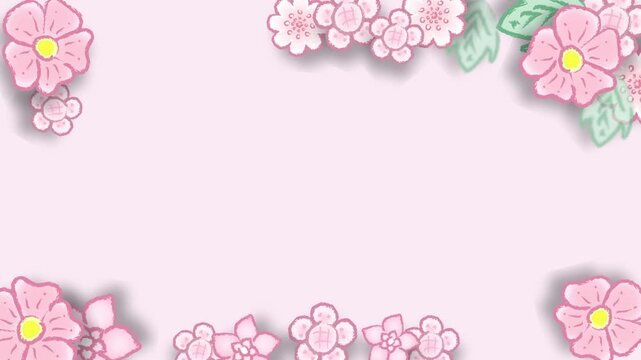 Frame of whimsical pink pastel flower blossom pattern motion graphic with dynamic appearance and disappearance loop. Hand drawn pink flowers animation featuring pop up floral transition background.