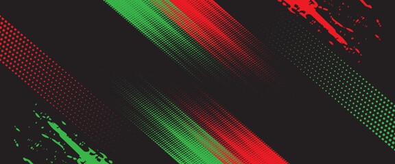 Abstract dark sports background with red and green halftone dots and diagonal grunge brush strokes vector. © Hery