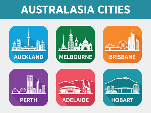 Australasia City Skyline Badge Collection with Auckland Melbourne Brisbane Perth Adelaide and Hobart Flat Vector Illustration