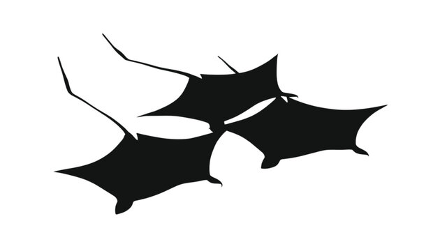 Manta rays glide together through the open water as a dark silhouette formation on white background.