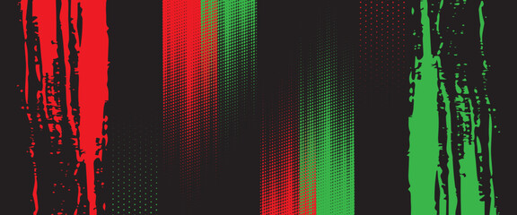Abstract dark sports background with red and green halftone dots and diagonal grunge brush strokes vector. © Hery