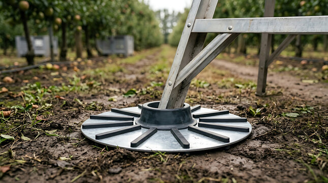Circular metal stabilizer base for a ladder standing on muddy ground in an orchard