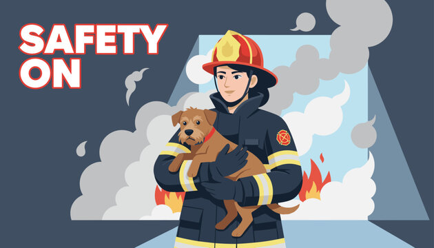 Brave female firefighter rescues an adorable brown dog from a burning building during an emergency rescue operation.