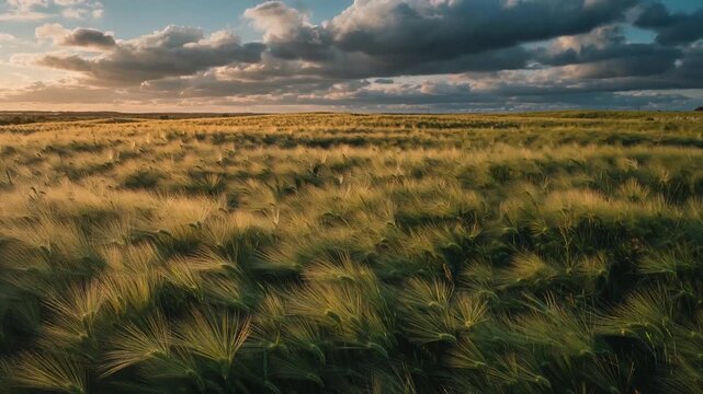 Grassy terrain timelapse blades swaying gently with shadows shifting as clouds move across