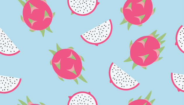 Seamless pattern design featuring whole, halved, and sliced pink dragon fruit on a bright light blue background, perfect for textiles.
