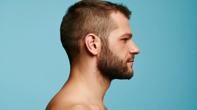 Retrato de perfil de hombre joven con barba y piel perfecta, concepto de belleza y cuidado masculino sobre fondo azul.