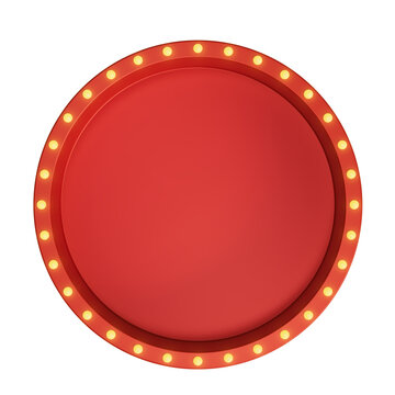 Blank Round Red Retro Marquee Signboard with Glowing Light Bulbs 3D Render Isolated on Transparent Background.