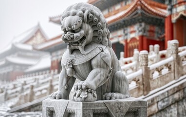 Obraz premium Intricate stone guardian lion statue at traditional Asian temple with detailed carvings