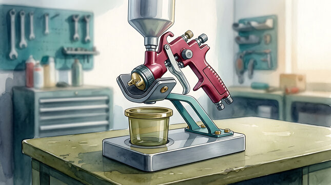 Red paint spray gun mounted on a metal stand with workshop tools and workbench