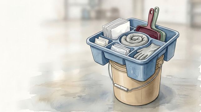 Watercolor painting of a cleaning caddy on a bucket filled with supplies on a