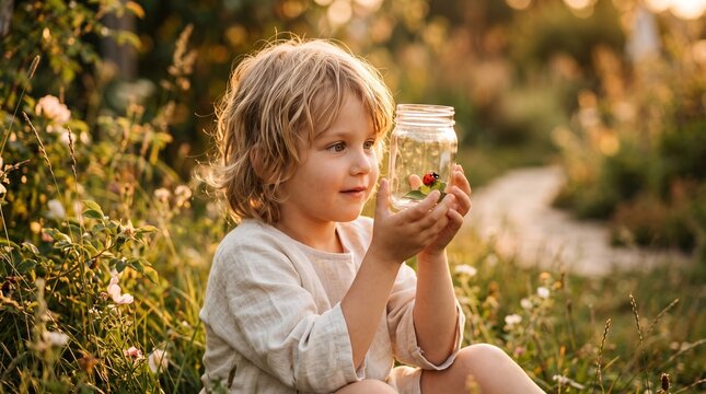 Child holding jar with ladybug in garden during golden hour  