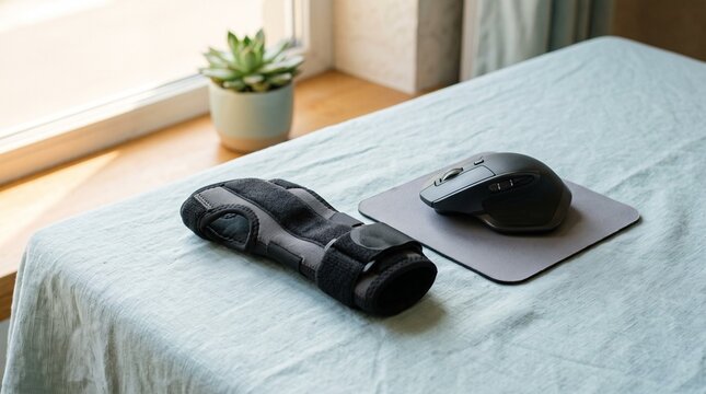 Wrist brace beside wireless mouse on table with plant and sunlight  