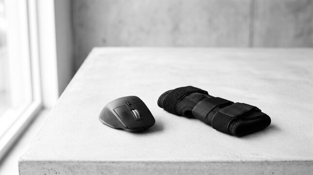 Wrist brace beside wireless mouse on a minimalist table surface  
