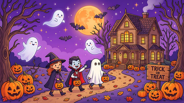 Kids trick or treating at haunted house under full moon with trick or treat, jack o lantern