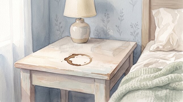 Dirty cup ring on bedside table in bright room with lamp  