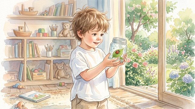 Child holding jar with ladybug and smiling in bright indoor setting  