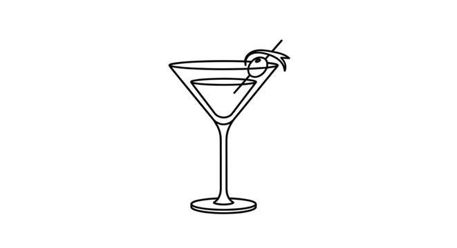 Elegant outline icon of a martini glass garnished with an olive on a toothpick for cocktails, parties, and nightlife themes.