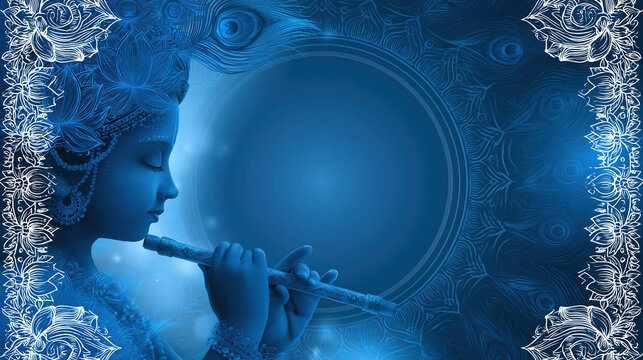 Blue flute player decorative floral border circular frame fantasy art elegant poster background serene profile ornamental pattern night blue