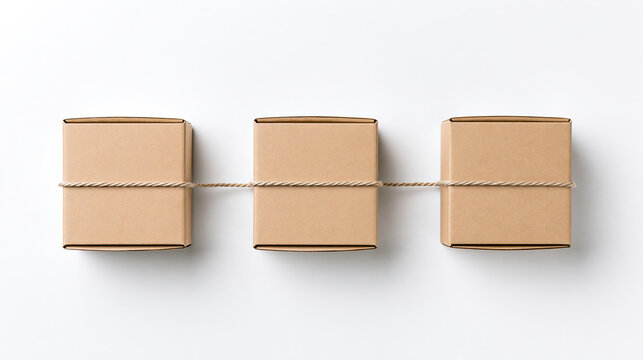 Cardboard box supply chain concept with rope connection on white background