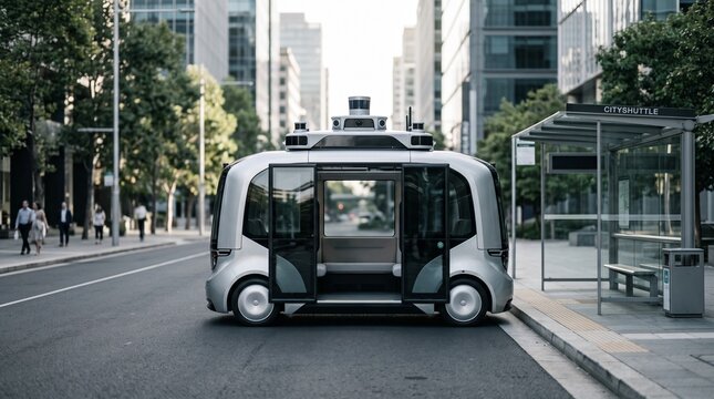 Self-driving shuttle near bus stop in urban environment  