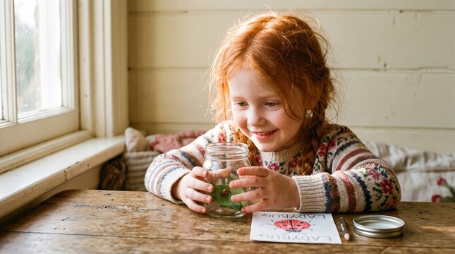 Young girl holding jar with ladybug and smiling at table indoors  