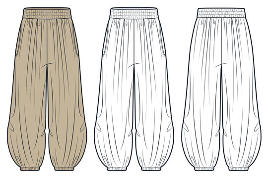 Harem Pants Fashion Flat Technical Drawing Template, stone and outline, front and back view, elastic waist and cuffs, Pants CAD Mockup