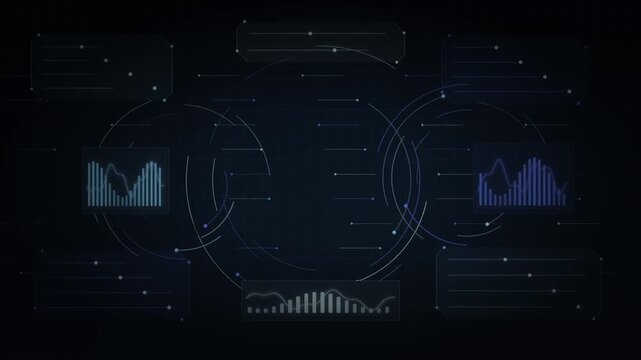 Futuristic digital interface with glowing charts, data analysis graphs, and abstract HUD elements on dark background
