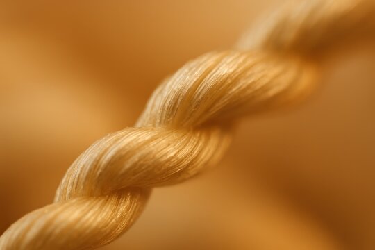 Macro close-up of a thick twisted natural fiber rope strand showing detailed interlocking fibrous texture and weave