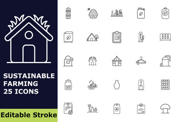 Fototapeta premium Sustainable agriculture and eco-living icon set, 25 vector outline pictograms of organic farming, greenhouse, green energy, and natural product symbols for environmental design 