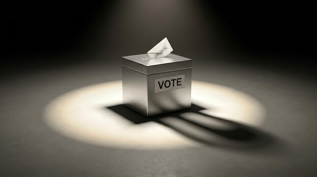 A metallic ballot box sitting in a spotlight with a single paper ballot being inserted for voting