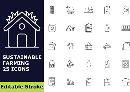 Sustainable agriculture and eco-living icon set, 25 vector outline pictograms of organic farming, greenhouse, green energy, and natural product symbols for environmental design
