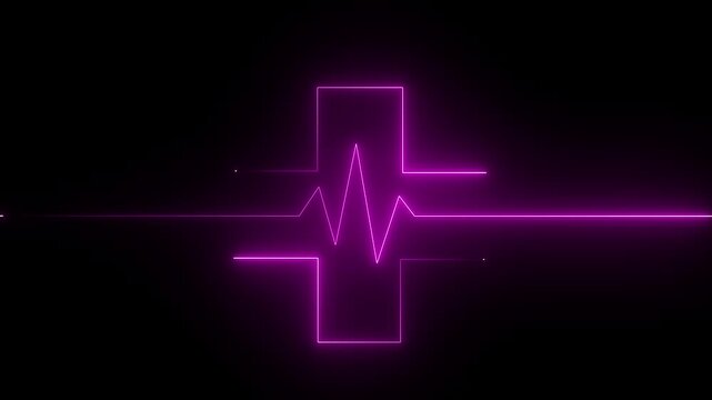 Abstract glowing neon heartbeat signal icon animation medical concept.Pink line on black background, symbolizing dedication in medical care and commitment to patient health.4k motion graphics video.