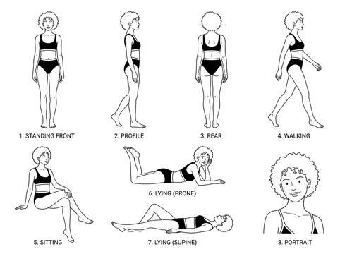 Minimal Line Art Female Character Pose Reference Sheet Vector Illustration with Front Side Back Walking Sitting Reclining and Portrait Views