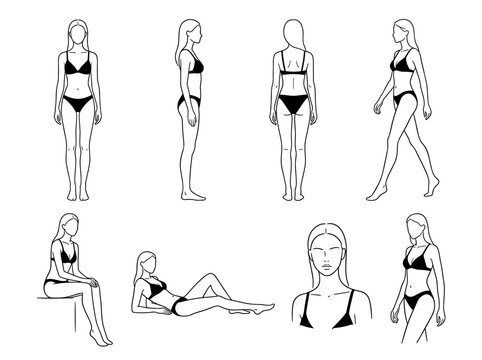 Women&rsquo;s Swimwear Fashion Sketch Collection with Eight Female Model Poses, Bikini Front, Side and Back Views, Walking, Seated and Reclining Figures