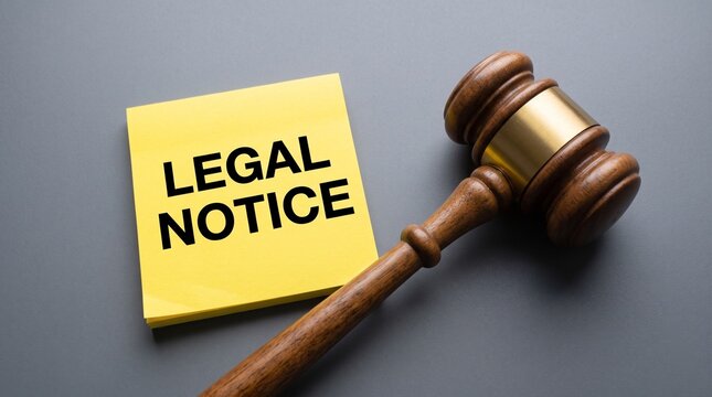 Legal notice text on yellow sticky note with wooden judge gavel, law and justice concept, official court document notification on grey background