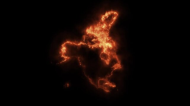Glowing North America Fire Map Motion Graphics isolated on Dark Background