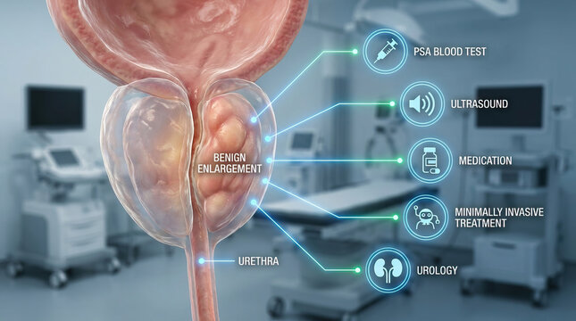 Benign enlargement of prostate gland with urethra shown in medical background, highlighting PSA blood test, ultrasound, medication, minimally invasive treatment, and urology options