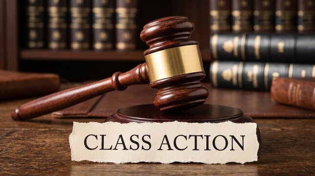 Class Action lawsuit concept with judge gavel on wooden desk. Legal justice and litigation background. Wooden mallet and law books in courtroom.