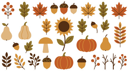Set of autumn leaves, fruits, and vegetables including pumpkins, pears, acorns, and mushrooms, perfect for seasonal designs and decorations © Pronob Kumar Ray