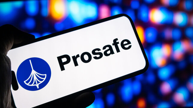 Prosafe company logo on mobile phone screen held in hand against dark abstract background with vibrant colorful lights.