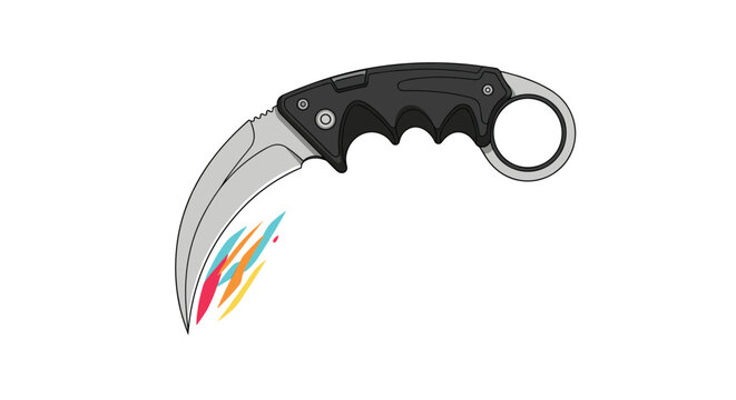Modern folding tactical knife with a curved karambit style blade and ergonomic black handle shown with vibrant paint splashes for hobbyist or collector appeal.
