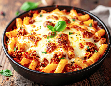 Macaroni baked in a bolognese sauce, topped with mozzarella cheese, casserole dish, closeup. AI
