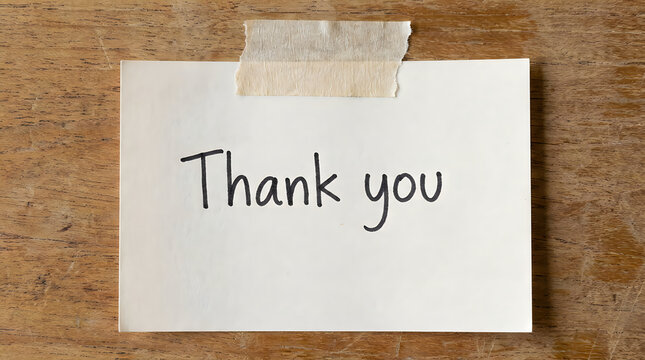 Thank you handwritten text on white paper memo note taped to a wooden desk with handwritten, gratitude